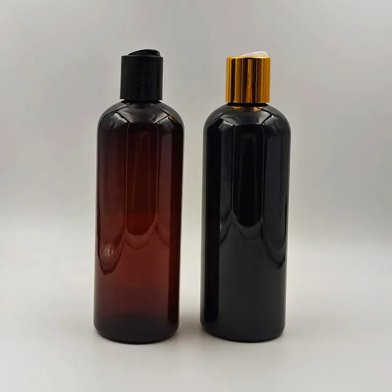 Großhandel 300ml Bernstein schwarz runde geformte kosmetische Toner Lotion PET Plastik flasche mit Gold Flip Cap 8oz