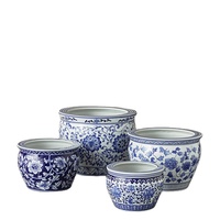 Grand pot à fleurs en céramique bleu et blanc de style chinois antique, pot à bonsaï en grès, décoration de jardin d'intérieur