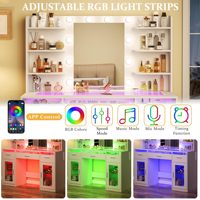 Mesa de Maquillaje con Espejo y Luces, Superficie Transparente con 3 Cajones RGB, 6 Estantes, 2 Gabinetes y Enchufe