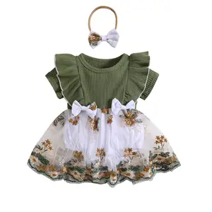Roupas boêmias para bebês meninas, macacão de manga curta com nervuras para recém-nascidos, vestido bordado tutu para fotografia