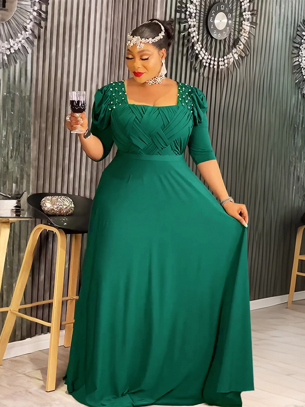 plus size green church dress Women Evening Dresses V-neck Sequin Chiffon Maxi African Dresses for Women Clothing With Flower casual plus size green dress