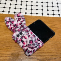 Coque Hiver Chaude 3D Lapin en Fourrure Douce pour iPhone Duo, Motif Léopard, Oreilles Longues, Peluche Moelleuse, Housse Antichoc