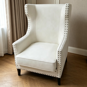 Sillón <span class=keywords><strong>de</strong></span> Estilo Americano con Respaldo <span class=keywords><strong>de</strong></span> Ala, Tapizado en <span class=keywords><strong>Rayas</strong></span> Azules y Blancas con Detalles <span class=keywords><strong>de</strong></span> Tachuelas - Product Image 4