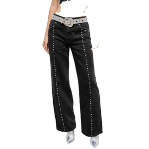Fabricants personnalisés femmes festival de musique en direct maison fête clubbing porter <span class=keywords><strong>noir</strong></span> solide <span class=keywords><strong>taille</strong></span> <span class=keywords><strong>haute</strong></span> clouté jambe <span class=keywords><strong>droite</strong></span> <span class=keywords><strong>jean</strong></span> - Product Image 3