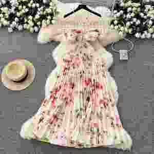 Summer <b>Roman</b> Halter Pleated Midi <b>Dress</b> for Women Empire Printed Hollow Out Lace Draped Woven Party <b>Dress</b> - Product Image 1