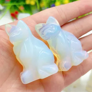 Wholesale Cute Animal Crystal Crafts 5cm Mini Carving Natural Material Opalite Cat For Home Decoration Gift