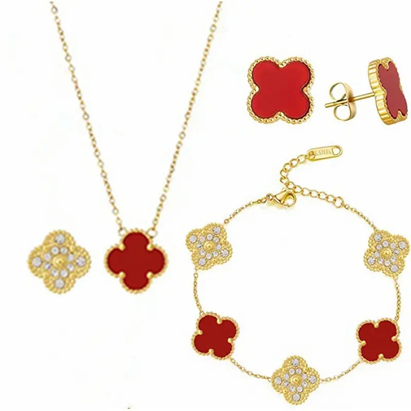 Mooie 18K In Pvd Vergulde Roestvrijstalen Ketting En Oorbellen Set Lucky 15Mm Klavertje Vier Sieraden Set Meisjes Cadeau