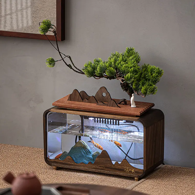 Noce nera creativo serbatoio di pesce fontana di acqua tenda di acqua ornamenti da tavolo Cabinet TV funzione acqua Bonsai decorazione per la casa