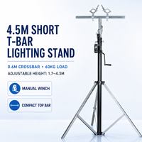 Support d'éclairage portable à manivelle 4,5 m avec barre en T courte de 0,6 m et pince pour éclairage, trépied réglable 60 kg pour DJ, scène, événements de mariage