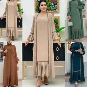 Terbaru OEM Dubai Abaya Lebaran Islamische Kleidung Shakwar sederhana Muslim wanita gaun terbuka kardigan polos lembar manik 2 buah Set