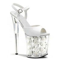 Sandales compensées transparentes à talon haut de 20 cm (8 pouces) avec fleur blanche, plateforme de pole dance, en PU, à bride cheville, rembourrées, bout ouvert, pour l'été