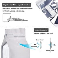 Sacs à café en papier kraft blanc, pochettes à café à fond plat debout à haute barrière avec valve de dégazage