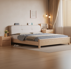 Minimalist Birch Wood Queen Size Bed <b>Frame</b> with Storage Drawer and Plywood Panel Design - Product Image 2