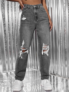 <span class=keywords><strong>Gris</strong></span> <span class=keywords><strong>clair</strong></span> bleu respirant simple confortable élégant taille moyenne femmes <span class=keywords><strong>jean</strong></span> jambe droite Baggy Denim déchiré lavé décontracté - Product Image 2