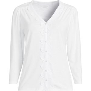 Haut à manches 3/4 pour femmes, col en V, bordure en dentelle, avec boutons, vêtement décontracté pour tous les jours, tissu popeline - Product Image 3