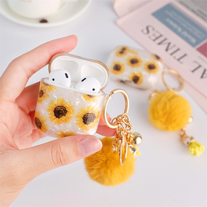 เคสหูฟังไร้สาย TPU แบบนิ่มลายดอกทานตะวัน พร้อมฝาปิดแบบแข็งสำหรับ Airpods 1 2 4 Pro 2 3  พร้อมพวงกุญแจขนปุย - Product Image 5