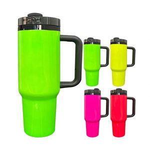 Vaso Térmico H2.0 de Acero Inoxidable de 40oz, Verde Neón con Acabado Negro Espejo, para Grabado Láser, con Asa y Pajita - Product Image 1