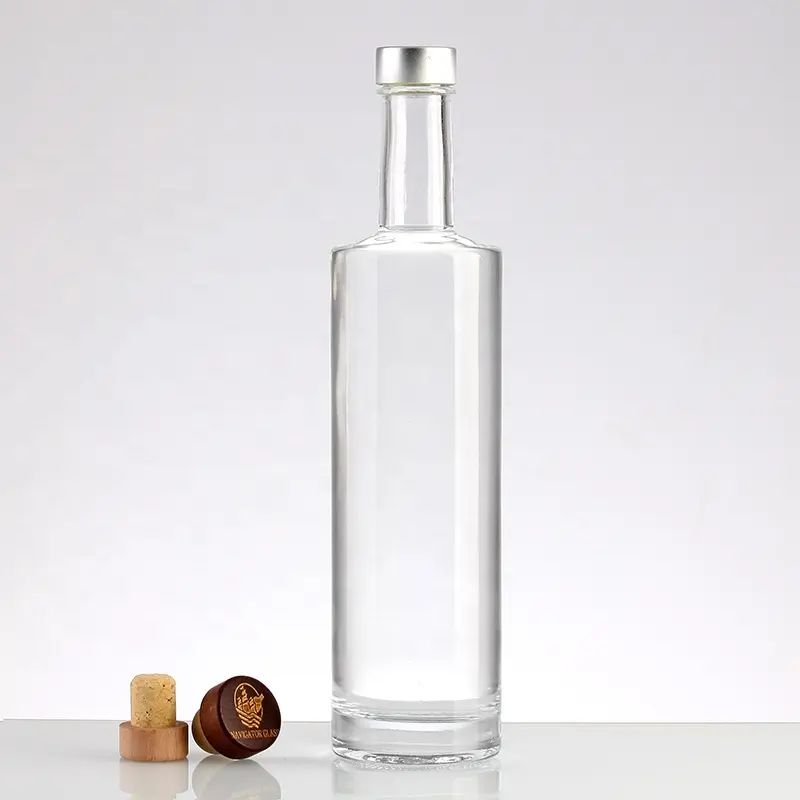 Nordic Flint Glass Sliver Logo Decorative Flat Shoulder Round 750ml 700ml 375ml Spirit Glass Bottle Cork For Distillery
