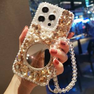 Étui de téléphone de luxe en perles et strass pour <span class=keywords><strong>Samsung</strong></span> S25 S24 S23 S22 Ultra avec miroir intégré et chaîne en cristal détachable - Product Image 3