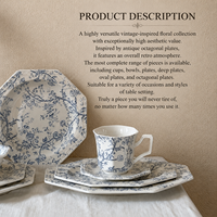 Service de vaisselle en porcelaine sous glaçure bleu et blanc à motifs floraux, style vintage français, assiettes, bols, plateaux, compatible micro-ondes, personnalisable, vente en gros