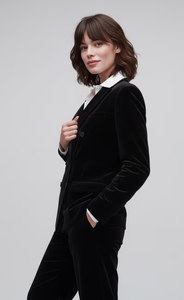 Ensemble pantalon élégant en velours noir pour femme avec blazer croisé et pantalon ajusté – Design de costume professionnel formel - Product Image 4