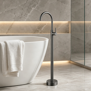 Robinet sur pied gris, finition minimaliste, monocommande, pour lavabo de salle de bain - Product Image 4