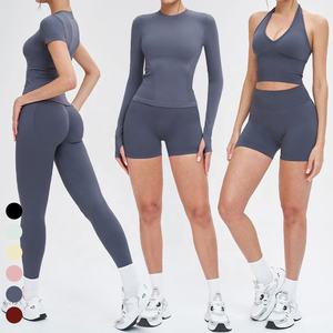 Completo Sportivo Senza Cuciture da <span class=keywords><strong>Donna</strong></span>, Top Halter con Maniche Lunghe, Maglietta da Palestra con Fori per i Pollici, Pantaloncini Yoga con Effetto Push-Up, Set Yoga - Product Image 4