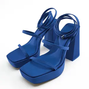 Summer Pretty Blue Ankle Strap Chunky Heel Strappy Square Toe Platform High Heel Sandals Ladies Women Shoes