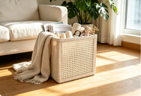 Cube de rangement moderne en bambou tressé avec bordure en lin, pliable, grande capacité, pour placard, armoire, jouets, vêtements, articles divers, maison