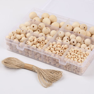 Perles en bois naturel avec corde en chanvre, ensemble pour travaux manuels, perles rondes de tailles variées pour la fabrication de bijoux et la décoration - Product Image 1