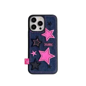 Moda sevimli yıldız ve aşk kalp desen nakış Denim kumaş telefon kılıfı zincir boncuk askı kapak ile iphone 7-15 Pro Max
