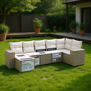 Ensemble de canapés de jardin en rotin PE beige TropiCalm 7 pièces avec structure en acier, mobilier d'extérieur au design contemporain, résistant aux intempéries - Product Image 2