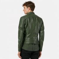 Blouson de motard en cuir d'agneau matelassé vert foncé pour homme, avec double fermeture éclair, style racer, en cuir véritable, vente en gros