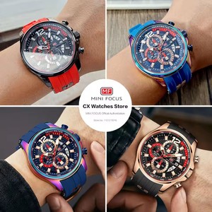 Montre rouge MINI FOCUS pour homme, montre-bracelet à quartz chronographe de luxe tendance avec bracelet en silicone, aiguilles lumineuses, date, étanche 0350 - Product Image 5