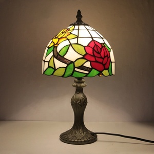 LongHuiJing for Style 8Inch Dome AC LED Adjustable <b>Table</b> <b>Lamp</b> Metal <b>Base</b> Stained Glass Lampshade Green Leaves Red Roses - Product Image 1