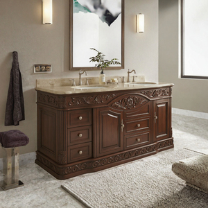 Luxury Classic Double <b>Bathroom</b> Vanity Carved <b>Wood</b> <b>Cabinet</b> Marble Freestanding Washstand with Mirror for Villa Hotel - Product Image 2