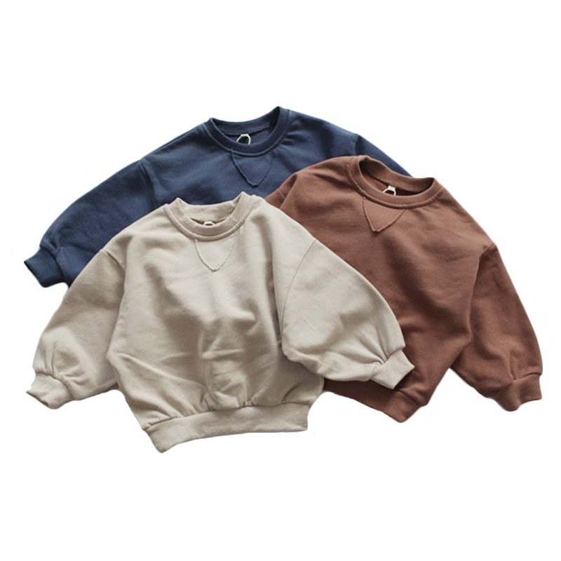 Sweatshirt Lengan Kelelawar Panjang Anak-anak, Kaus Pullover Leher Kru Anak Laki-laki Bahan French Terry Warna Polos