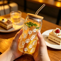 Gobelets en verre de 16 oz avec couvercle en bambou et paille en verre – Bouteille réutilisable pour bière, café glacé, smoothie, boba, soda, thé, jus