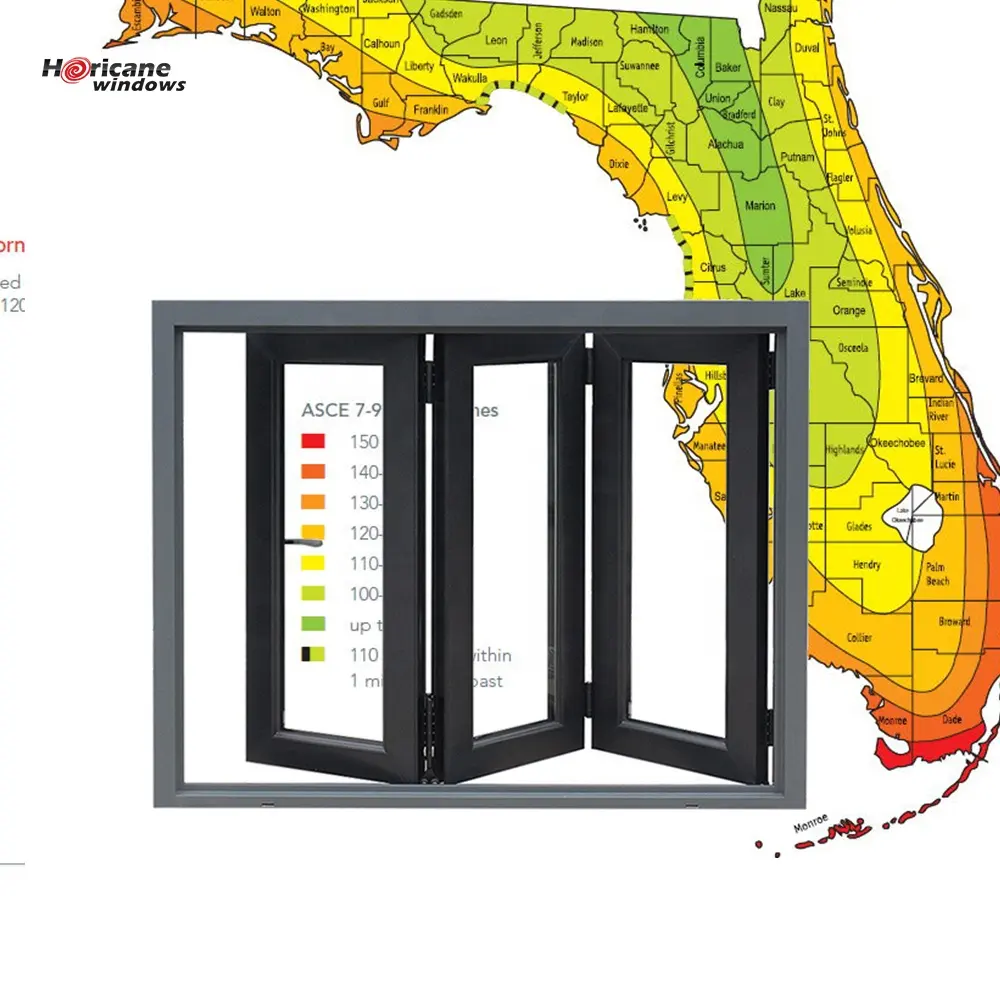 Siêu nhà mới bão gấp cửa sổ thiết kế đồ họa hiện đại Thiết kế Florida Caribbean Bifold cửa sổ kính xếp hạng chống tác động