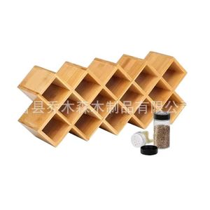 Étagère à épices en bambou, 14 compartiments, pliable, organiseur de cuisine avec couvercles en plastique hermétiques pour le rangement des condiments - Product Image 5