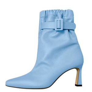 OEM Custom Women Pointy Toe Ankle Boots Solid <b>Elastic</b> Band Top Short Booties <b>Belt</b> Buckle High Heels Dress Shoes - Product Image 2
