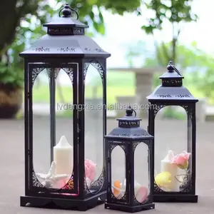 Eid Mubarak European large iron glass candle holder white metal candelabra wind lamp lantern for home hotel indoor outdoor decor