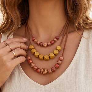 Boho Triple Strands Suede <b>Rope</b> Necklace Multi Shape Printed Wood Beads Women Vintage Casual Western Neck Ornament - Product Image 5
