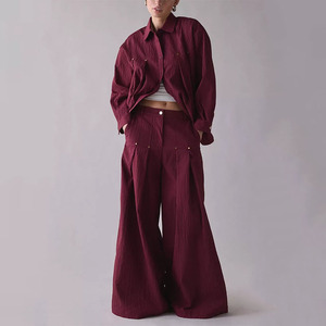 Women Custom Burgundy Wide Leg Suit Pants Textured Pleated Trousers with Gold <strong>Studs</strong> - Product Image 1