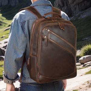 Large Capacity Premium Crazy Horse Leather Back Pack Bag With USB Men Expand <strong>Brown</strong> Cowhide Genuine Leather Travel <strong>Backpack</strong> - Product Image 4