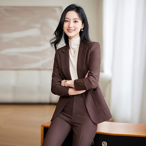 Women's Brown Suit Set Polyester Worsted Full Sleeve Anti-Wrinkle Office Lady Autumn Formal Workwear - Product Image 1