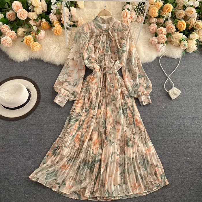 DD23212 New Korean Chic Blumen druck Langarm Slim Waist Plissee Kleid Frauen Maxi kleider Kleidung 2