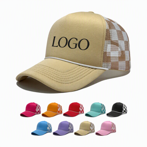 Casquette Trucker en Maille à Carreaux Beige, 5 Panneaux, Réglable, Unisexe, Visière en Mousse, Style Décontracté pour l'Extérieur - Product Image 1