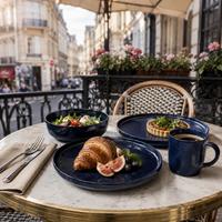 Service de table en grès céramique bleu indigo style artisanal – Assiettes et tasses pour la maison, compatible lave-vaisselle, récipients de conservation alimentaire