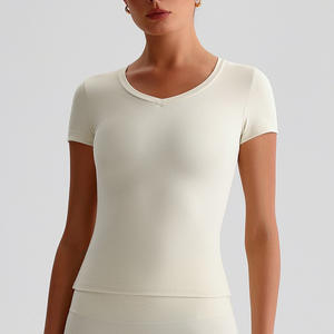 Color sólido V cuello camiseta gimnasio Top ropa deportiva manga corta Fitness Yoga camisa - Product Image 1